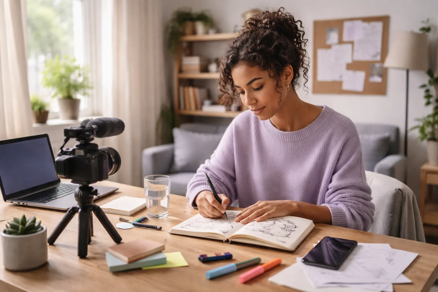 Créatrice francophone préparant un prompt vidéo IA devant un ordinateur dans un studio lumineux