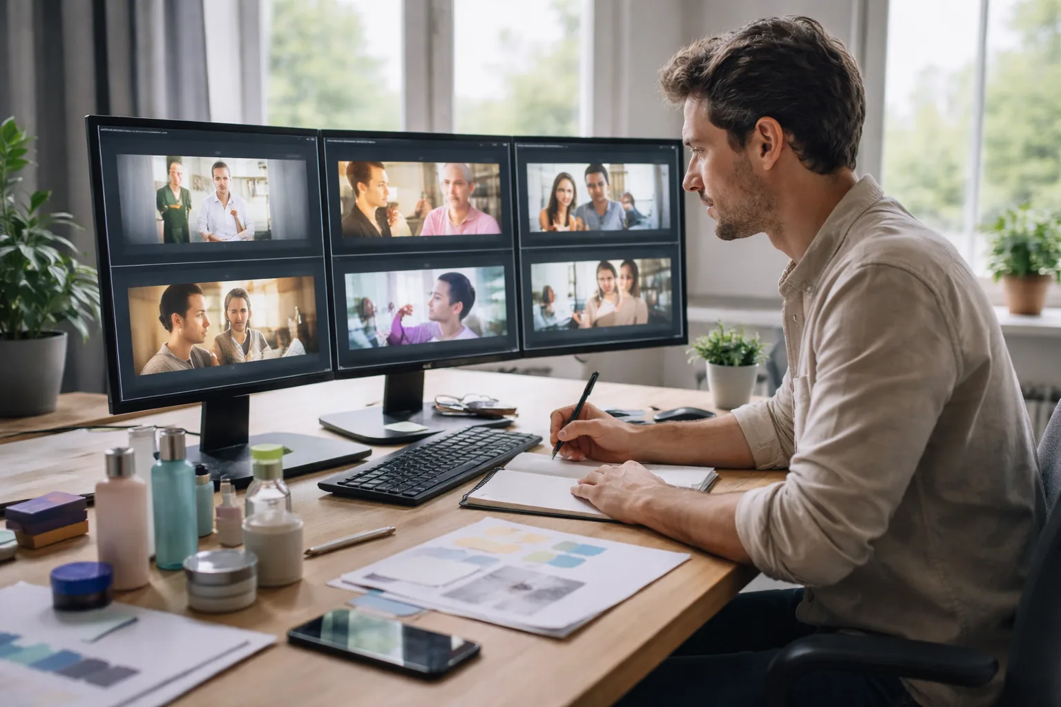 Professionista italiano che confronta varianti di video pubblicitari su uno schermo durante una sessione di lavoro