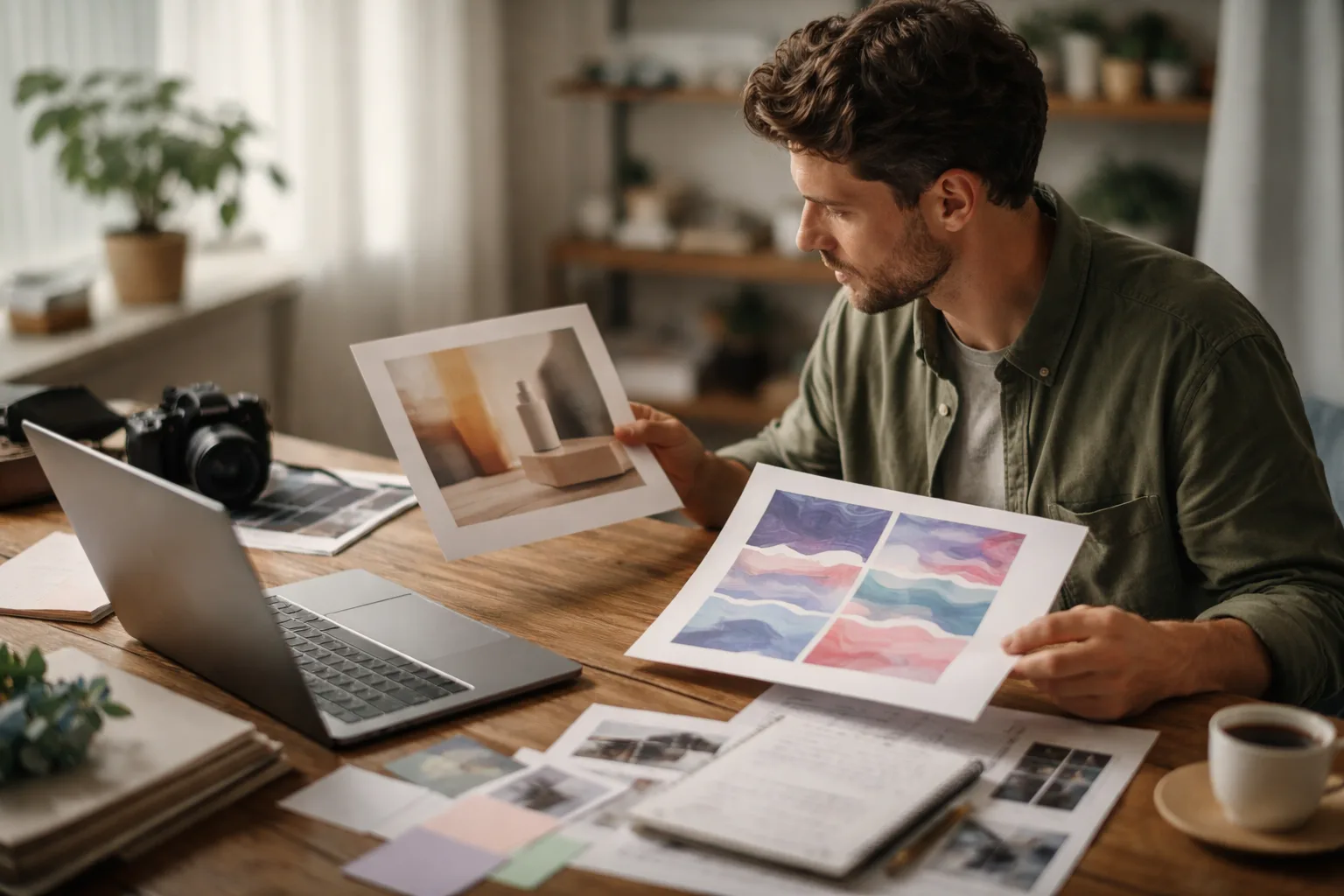 A creator reviewing an AI-animated product image on a laptop beside printed photographs in a naturally lit studio