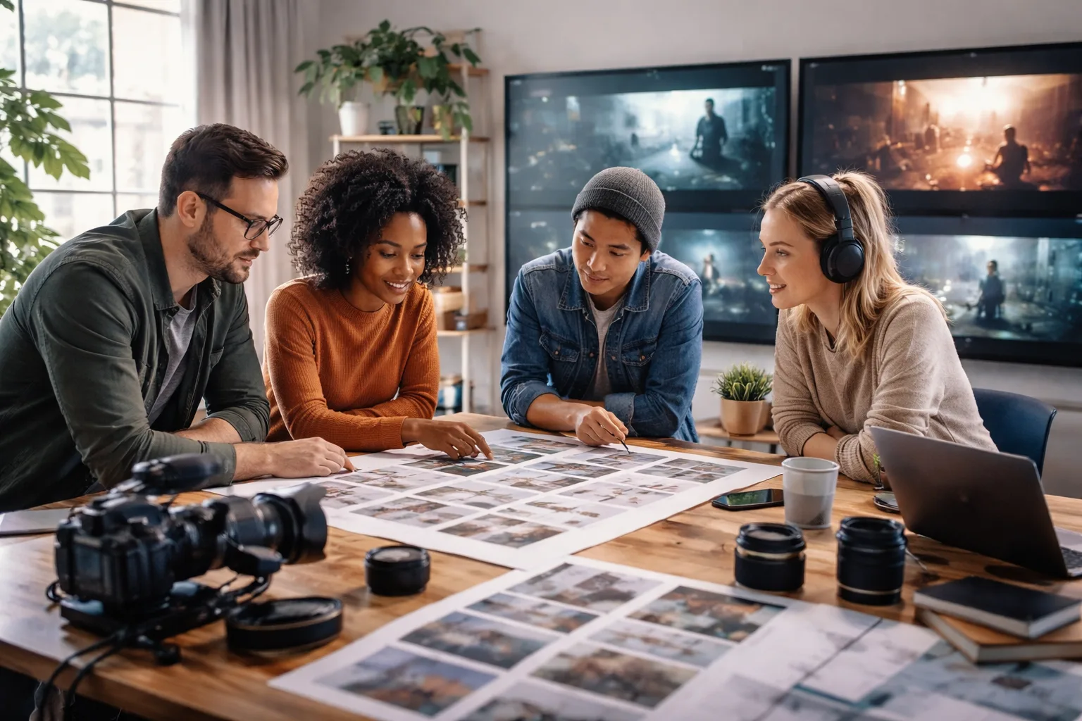 Équipe de création vérifiant plusieurs plans vidéo IA cohérents sur un écran dans un studio lumineux