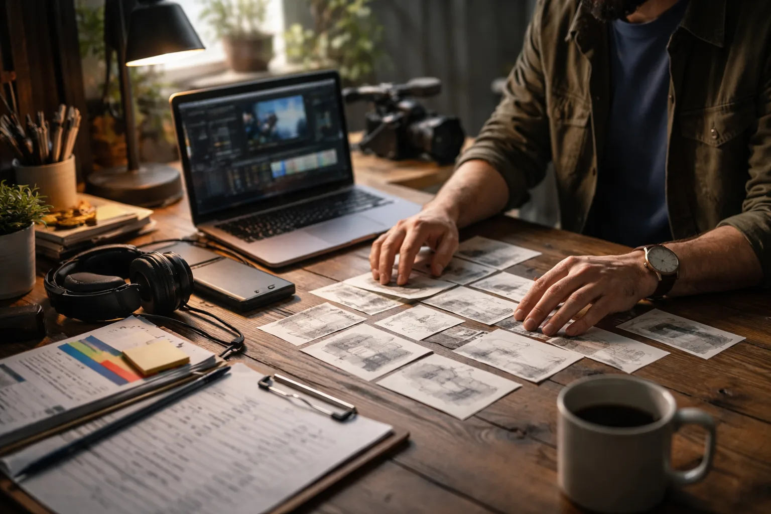 Filmmaker reviewing AI-assisted video edits and production notes at a desk in a naturally lit studio