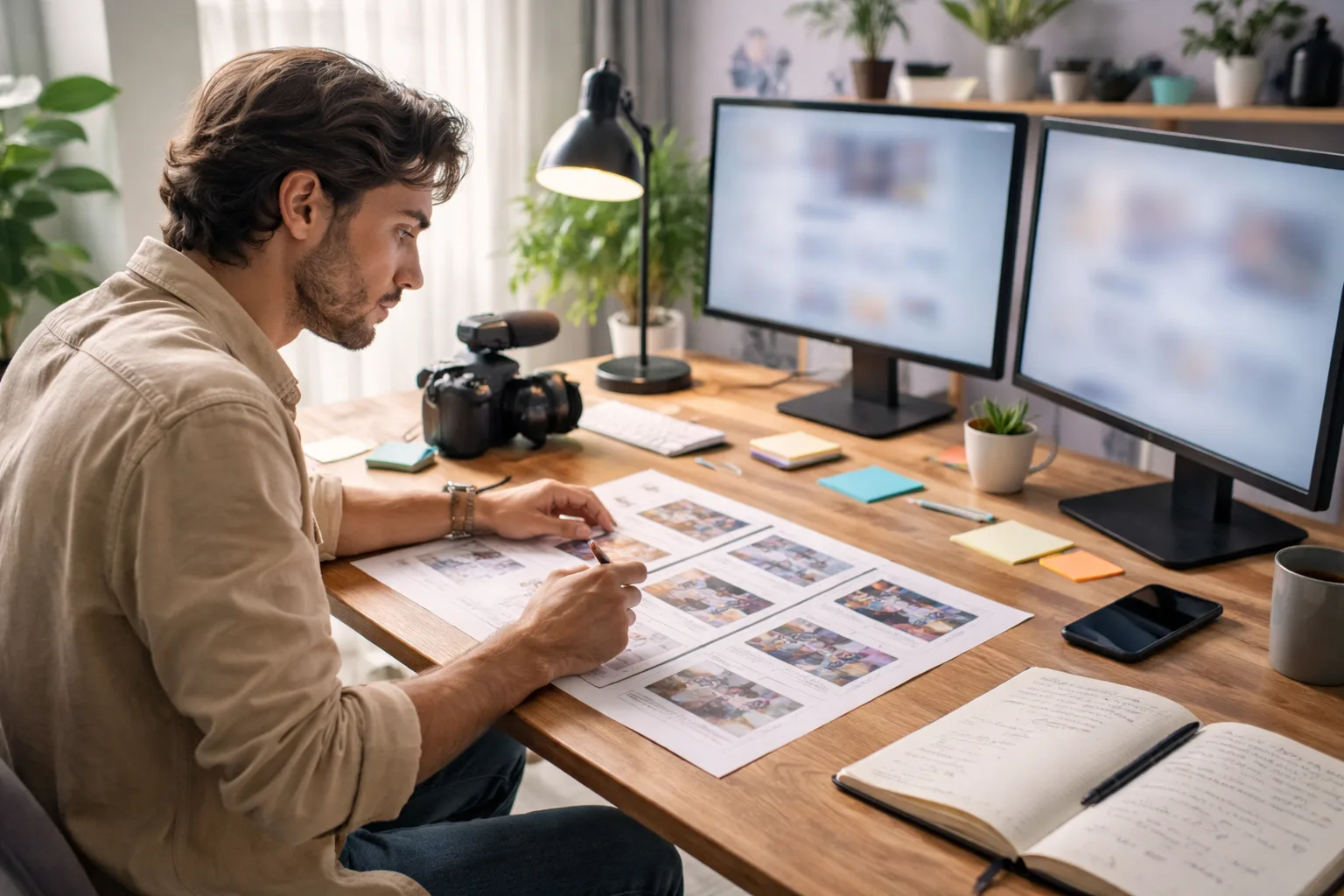 Creator italiano che pianifica un video generato con intelligenza artificiale davanti a storyboard e monitor