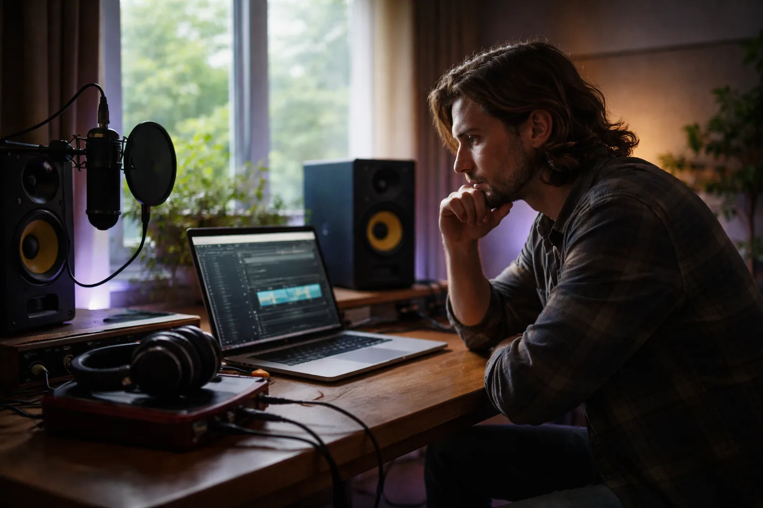 Independent musician reviewing an AI-assisted music project beside a laptop and studio monitors