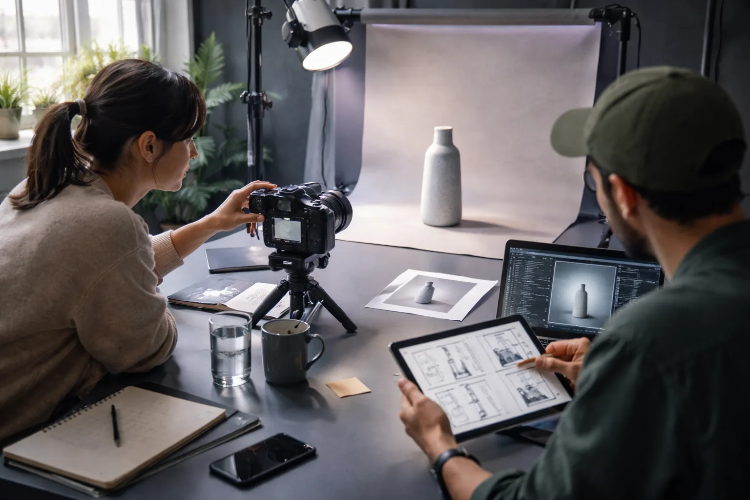 Produktfoto wird als Referenz für eine kurze KI-Produktvideoaufnahme in einem hellen Studio verwendet