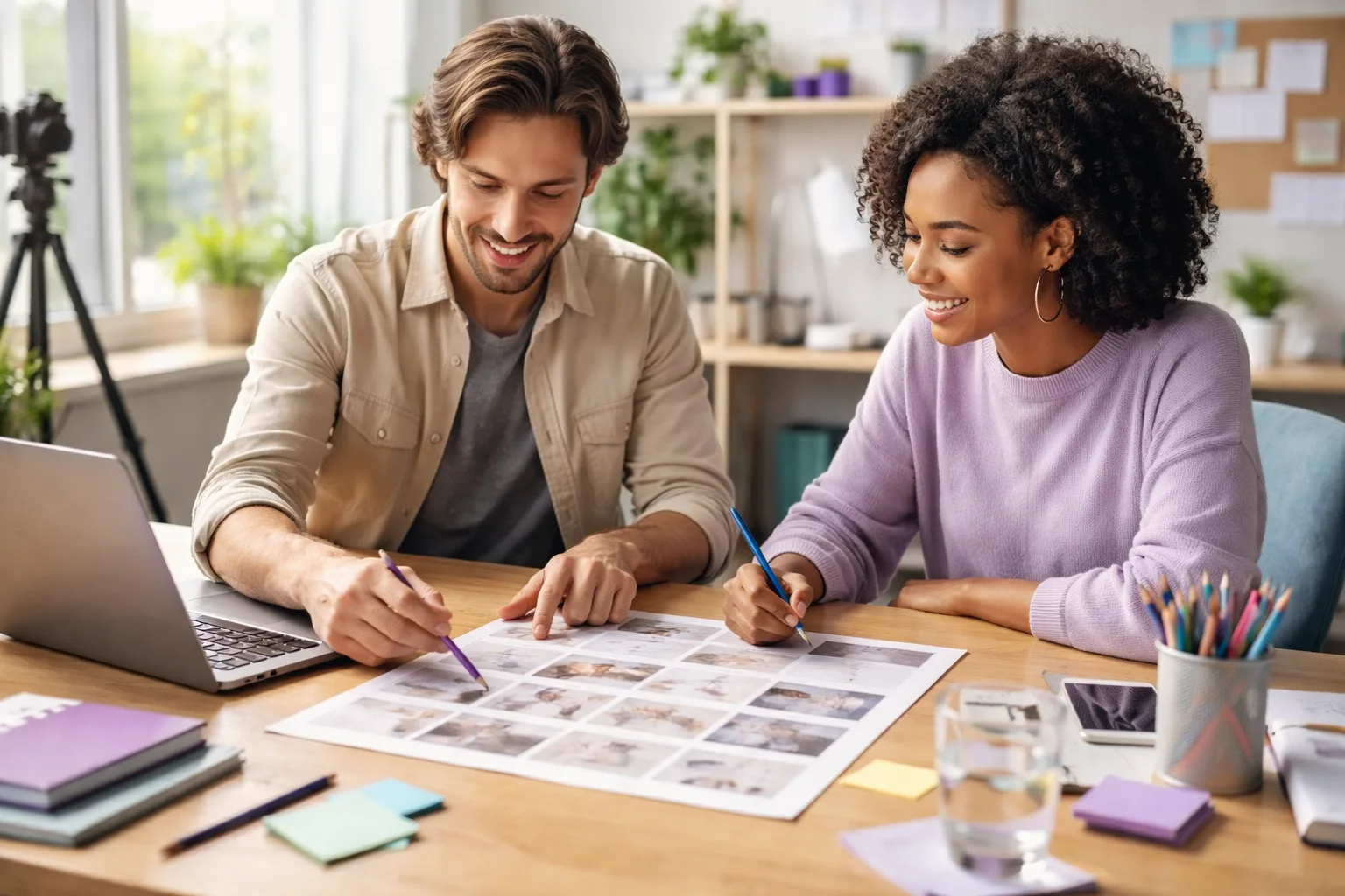 Creator reviewing an AI video production workflow at a bright studio desk