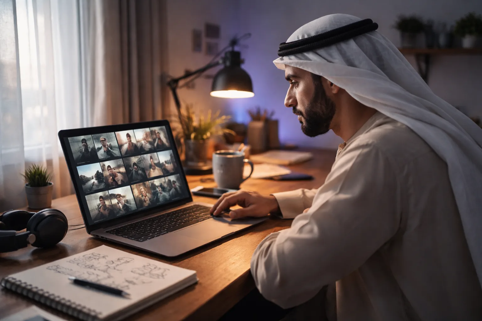 صانع محتوى عربي يراجع مشهد فيديو مولدًا من نص على حاسوب في استوديو منزلي بإضاءة طبيعية