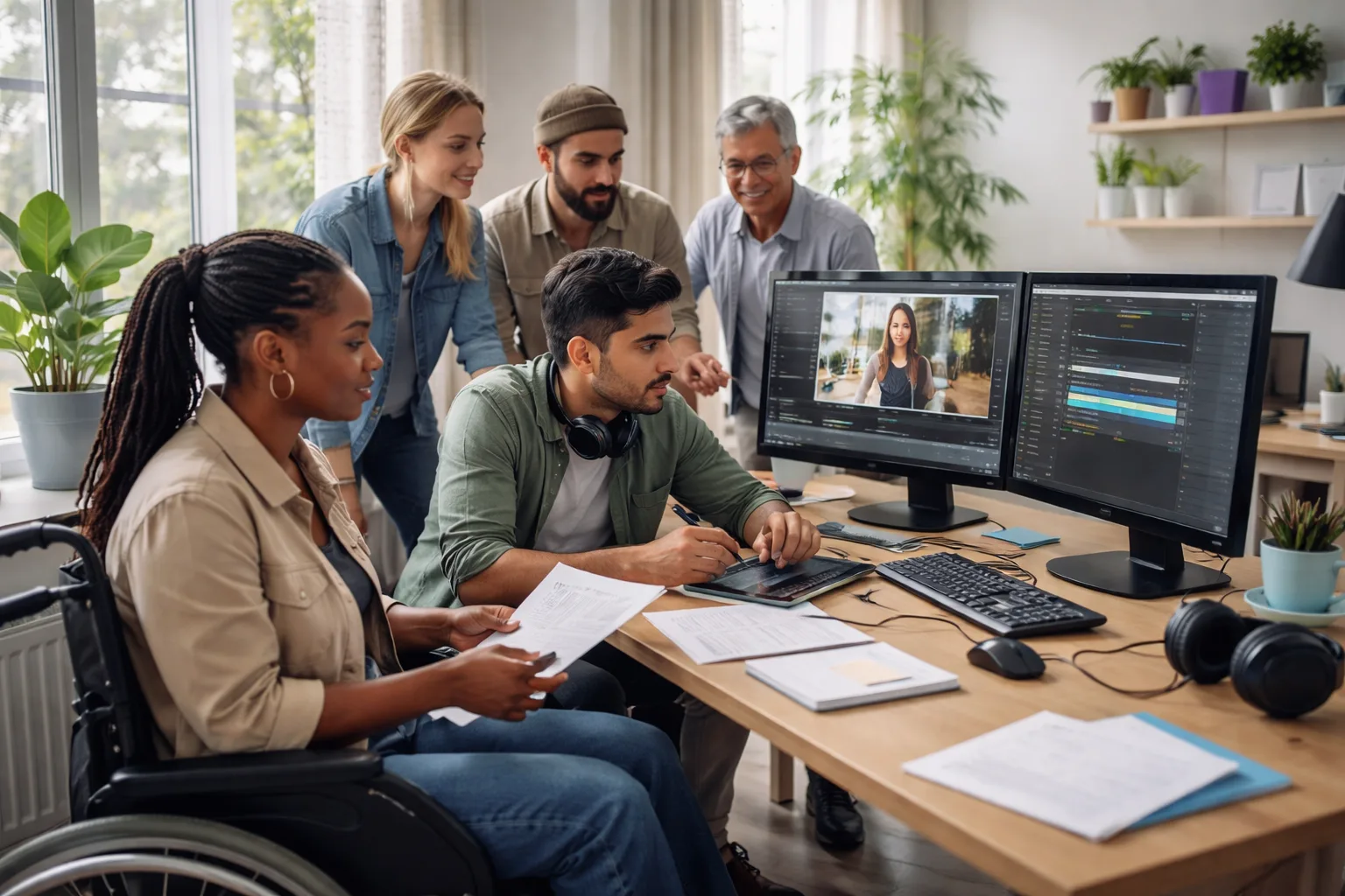 Accessibility-conscious creative team reviewing an AI-generated video in a bright studio
