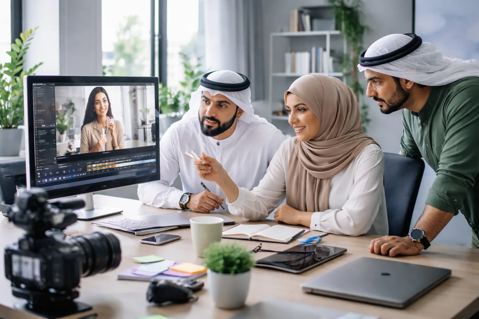 فريق تسويق عربي يراجع إعلان فيديو مولداً بالذكاء الاصطناعي على شاشة غير قابلة للقراءة داخل استوديو مضاء طبيعياً