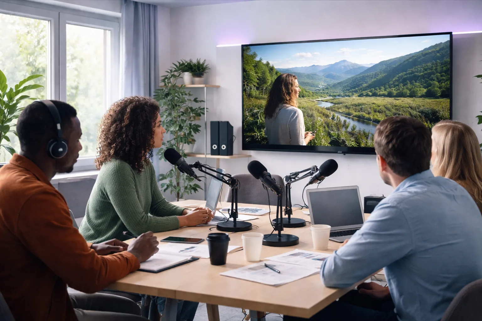 Équipe de production vérifiant le doublage français d’une vidéo sur un écran en studio lumineux
