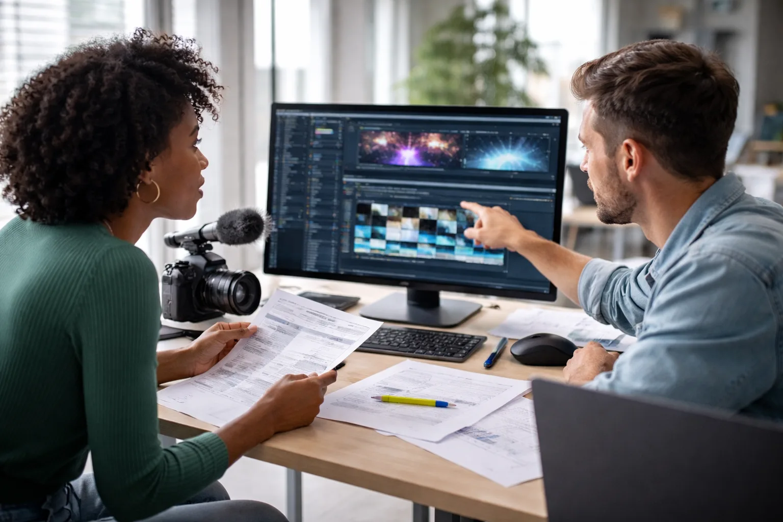 Creator reviewing an AI-assisted video, image, and music production workflow in a naturally lit studio