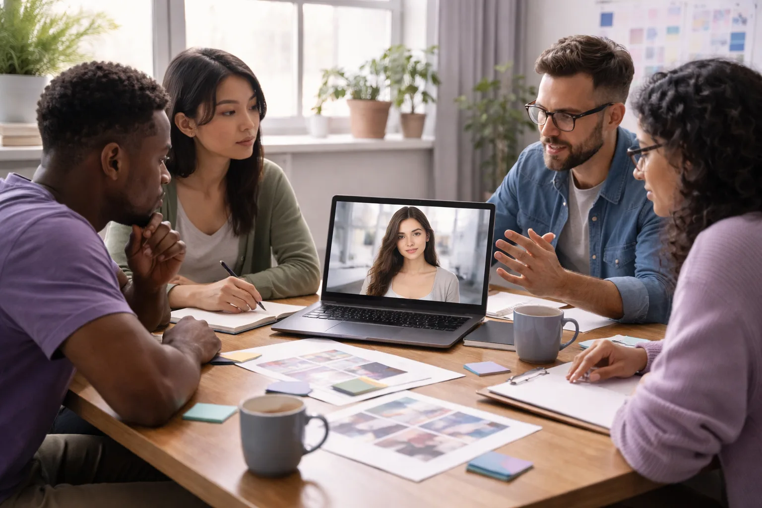 Equipo creativo revisando un anuncio con un avatar de IA en una sala iluminada de forma natural