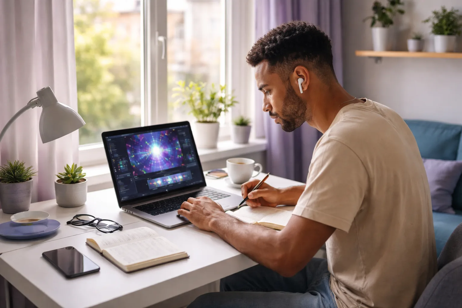 Créatrice francophone préparant un contenu vidéo avec une plateforme d’intelligence artificielle sur son ordinateur