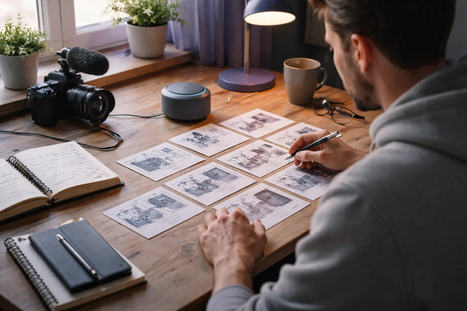 Creator plant ein KI-Video an einem Schreibtisch mit Storyboard, Kamera und Produktobjekt bei natürlichem Licht