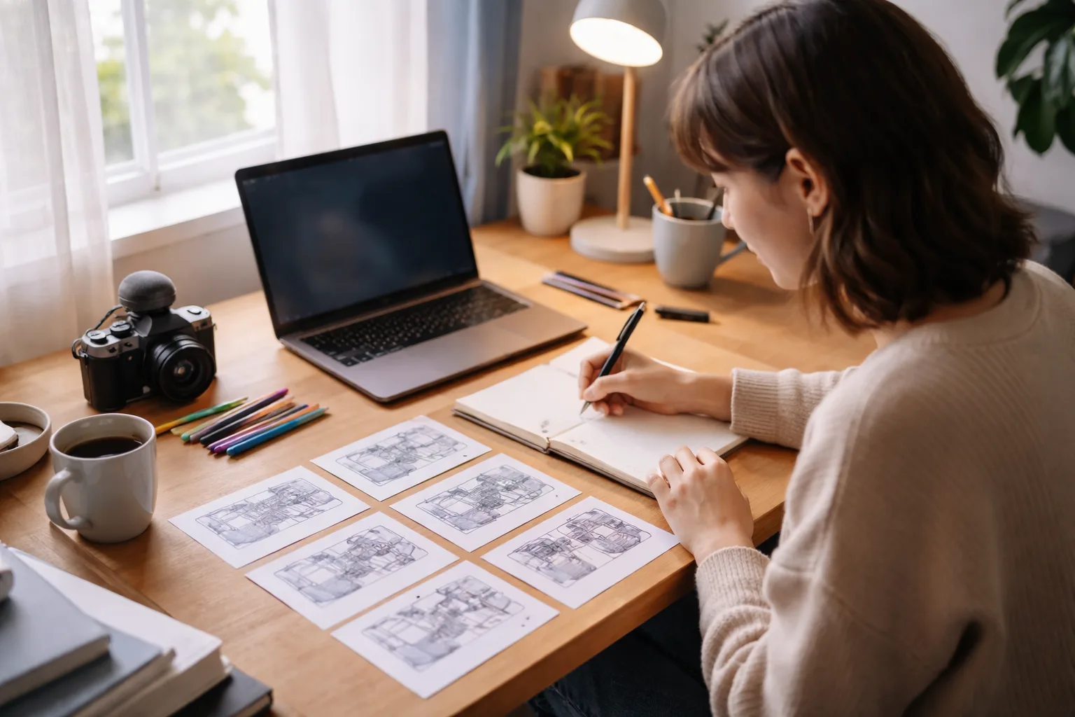 Creator planning a first AI-generated video on a laptop beside a storyboard and camera