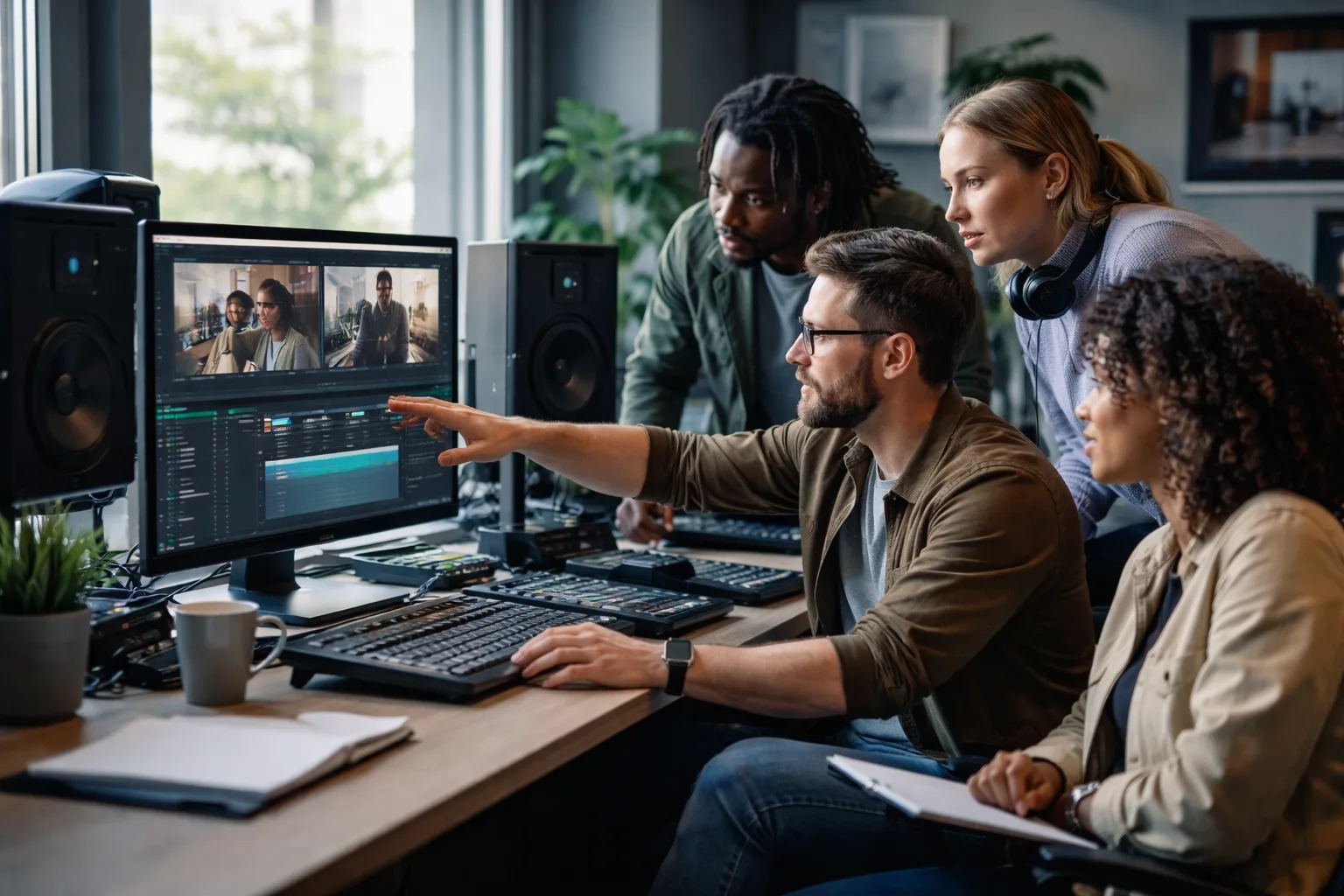 Videoteam prüft die Kennzeichnung eines KI-generierten Videos an einem Schnittplatz
