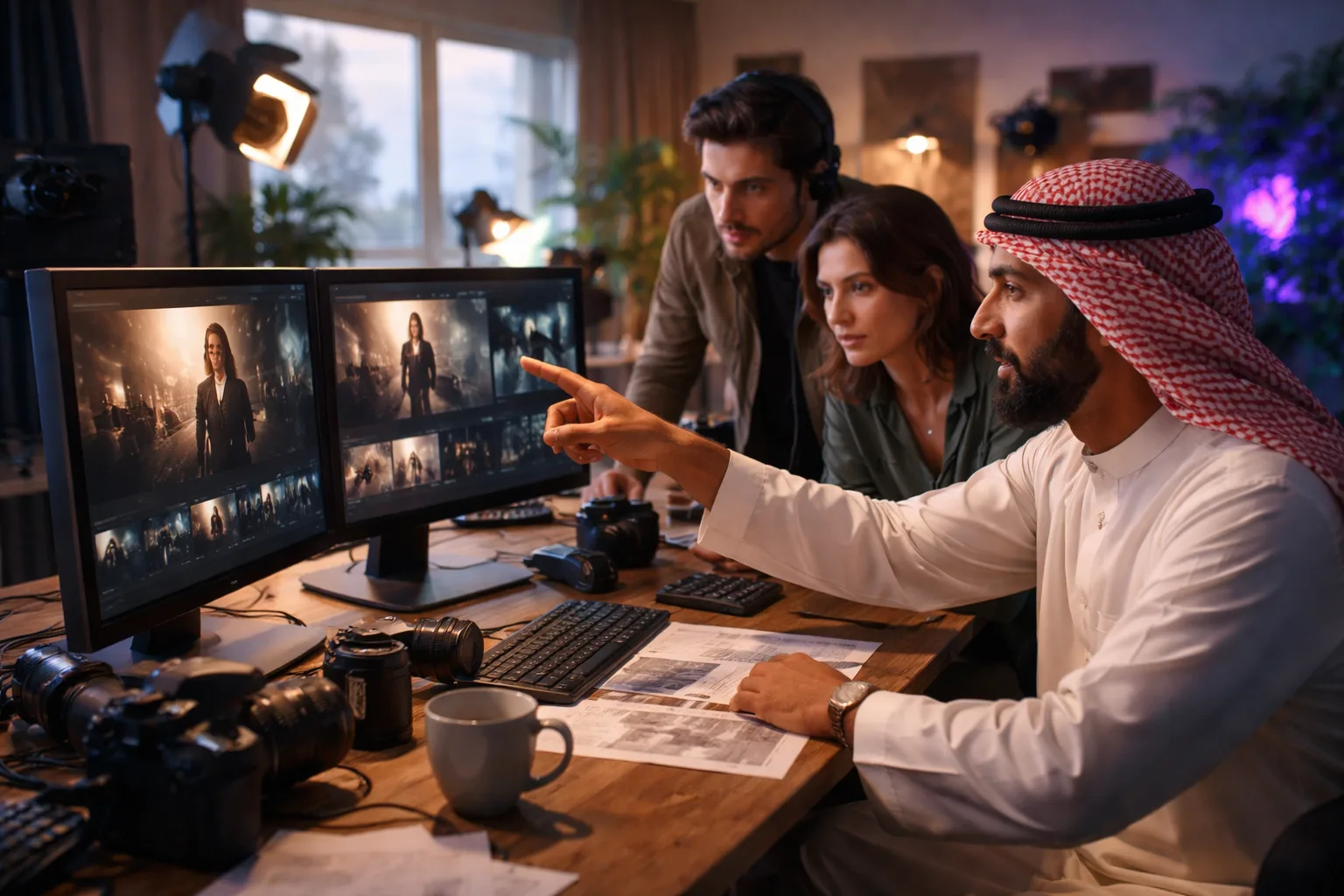 مشهد تحريري واقعي لصانع محتوى عربي يقارن لقطات فيديو مولدة بالذكاء الاصطناعي داخل استوديو طبيعي الإضاءة
