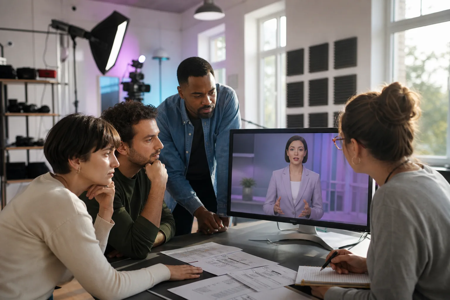 Marketing team reviewing an AI-avatar video advertisement before publication