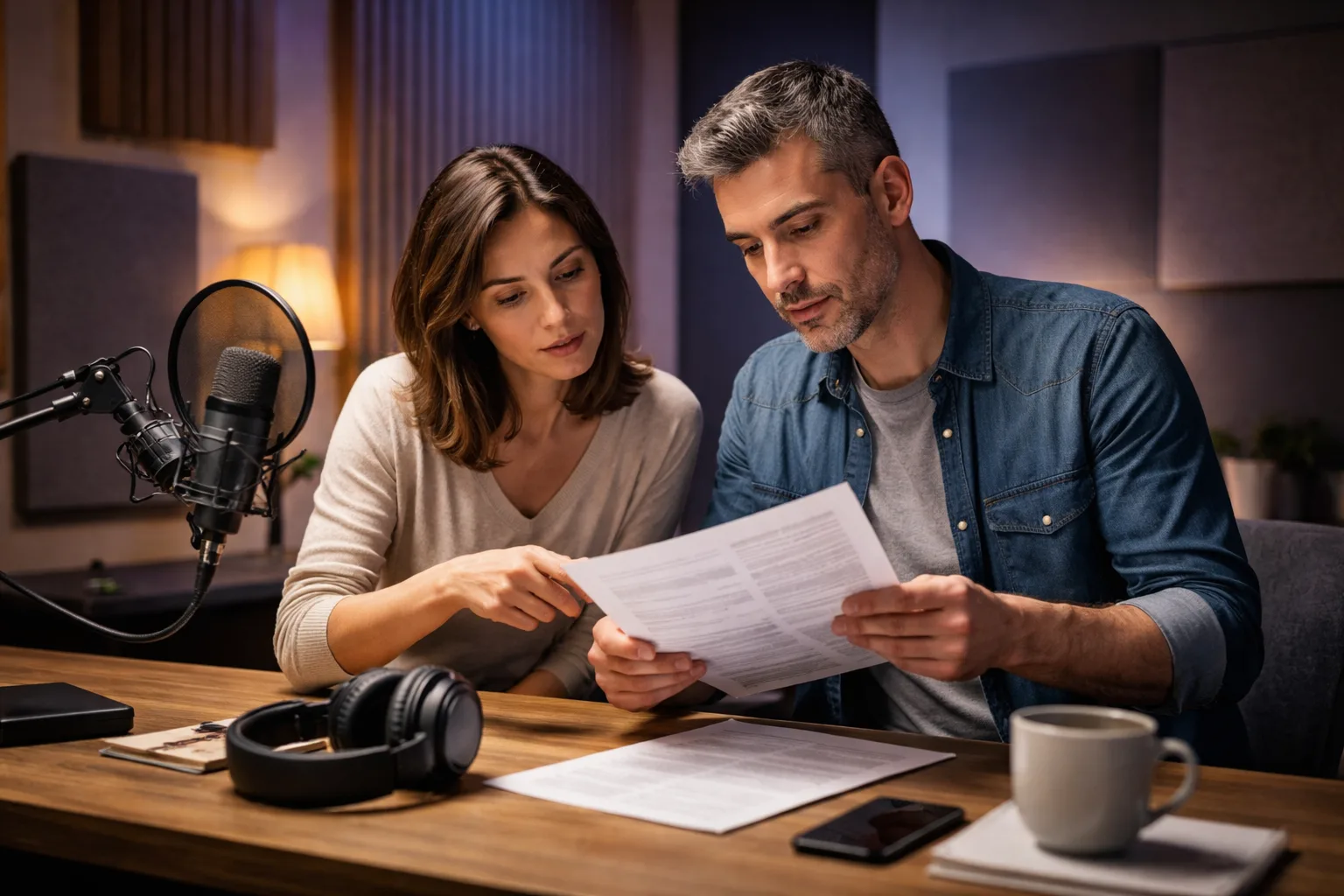 Producer reviewing a voice cloning consent workflow with a voice actor in a naturally lit recording studio