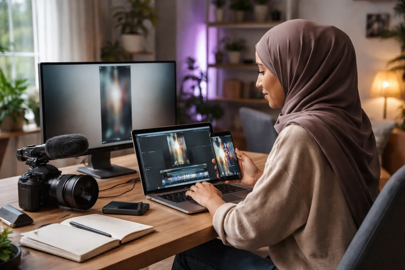 محررة محتوى عربية تراجع نسخة عمودية من فيديو أفقي على شاشة في استوديو طبيعي الإضاءة