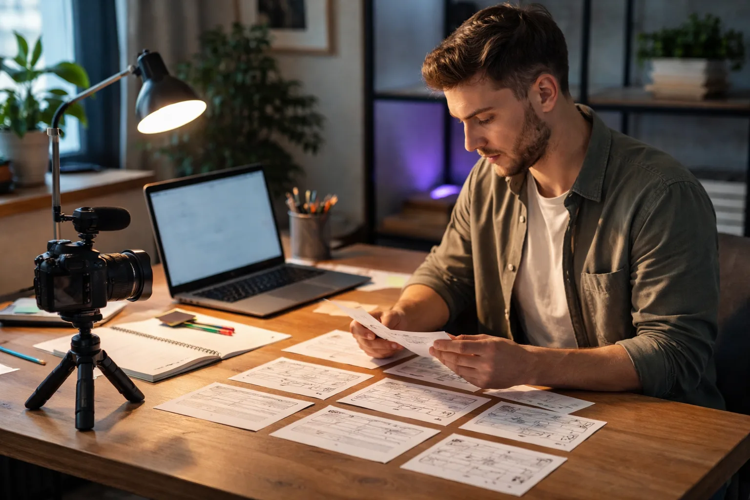 Creator reviewing an AI-generated video storyboard and camera footage at a naturally lit studio desk