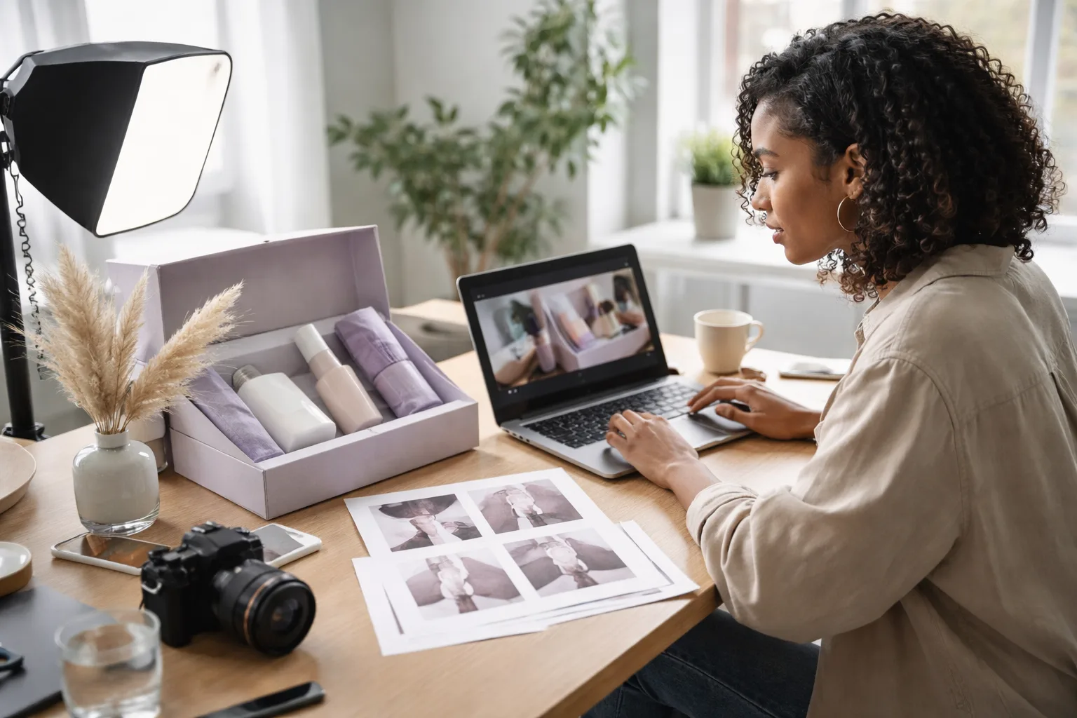 A product marketer reviewing an AI-generated ecommerce video beside a packaged consumer product and studio lighting