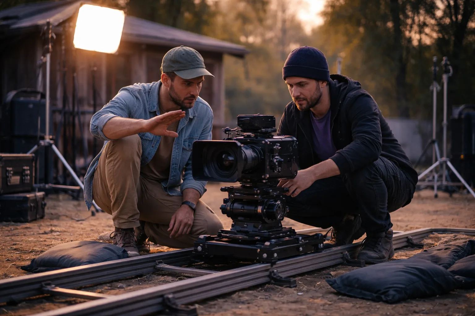 Filmmaker directing a controlled camera move beside a small outdoor film set