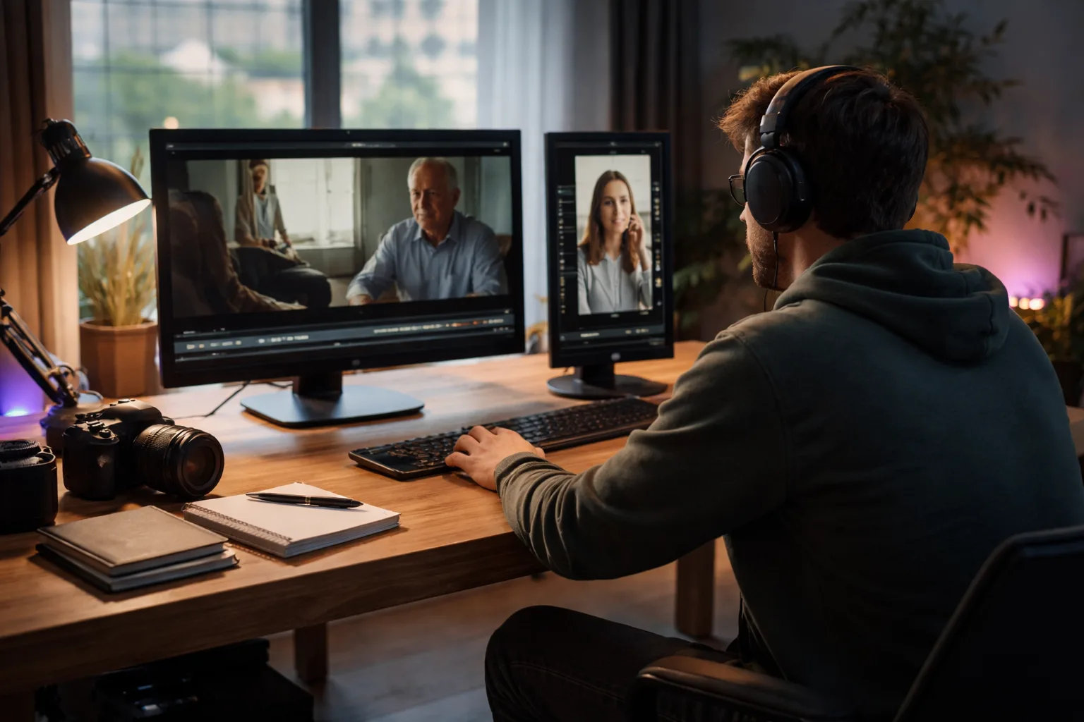 Video editor reviewing a vertical Short created from a long-form interview in a naturally lit studio