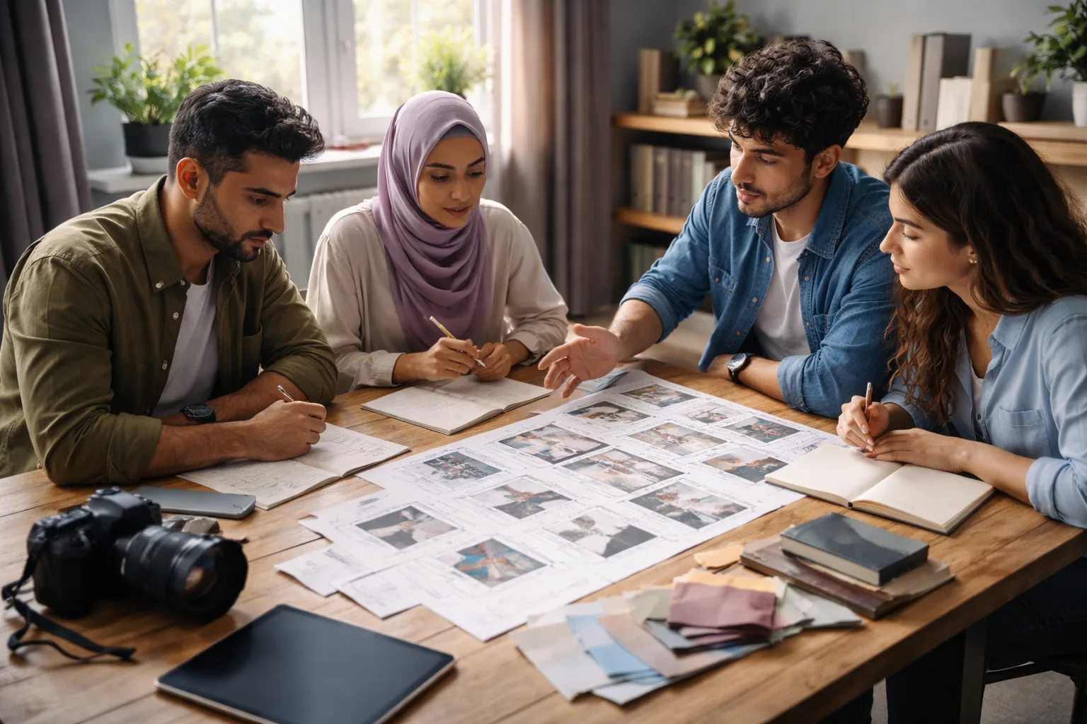 AI video storyboardu üçün iş masasında səhnə kartları, eskizlər və planşet
