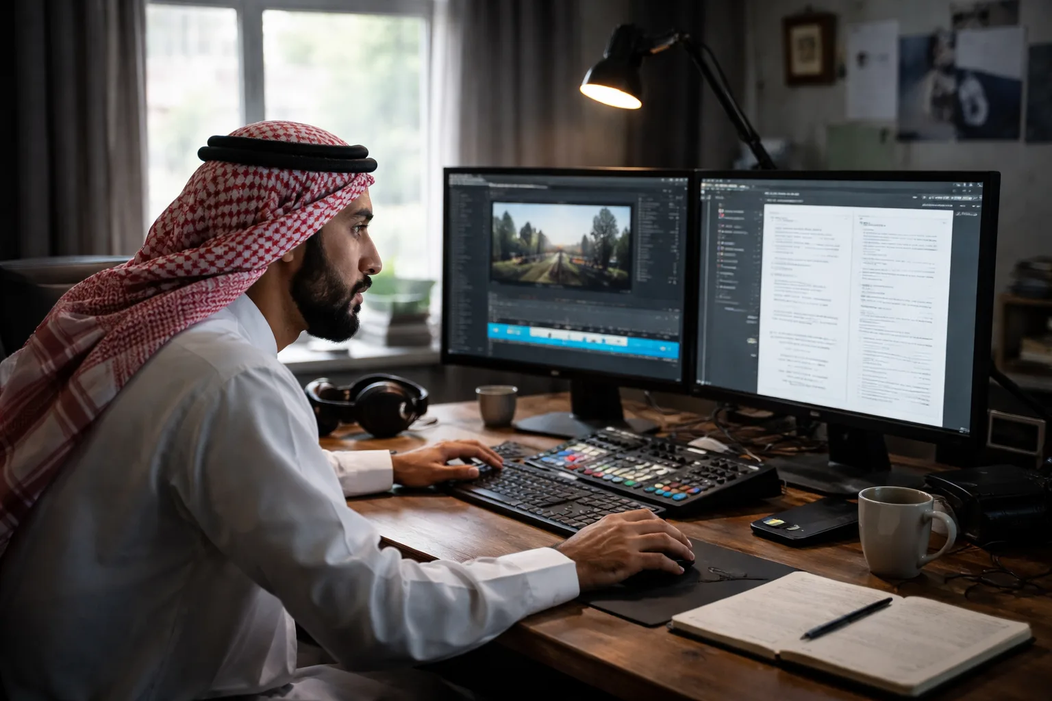 محرر فيديو عربي يفحص ملف فيديو وبيانات منشئه على حاسوب داخل استوديو طبيعي الإضاءة