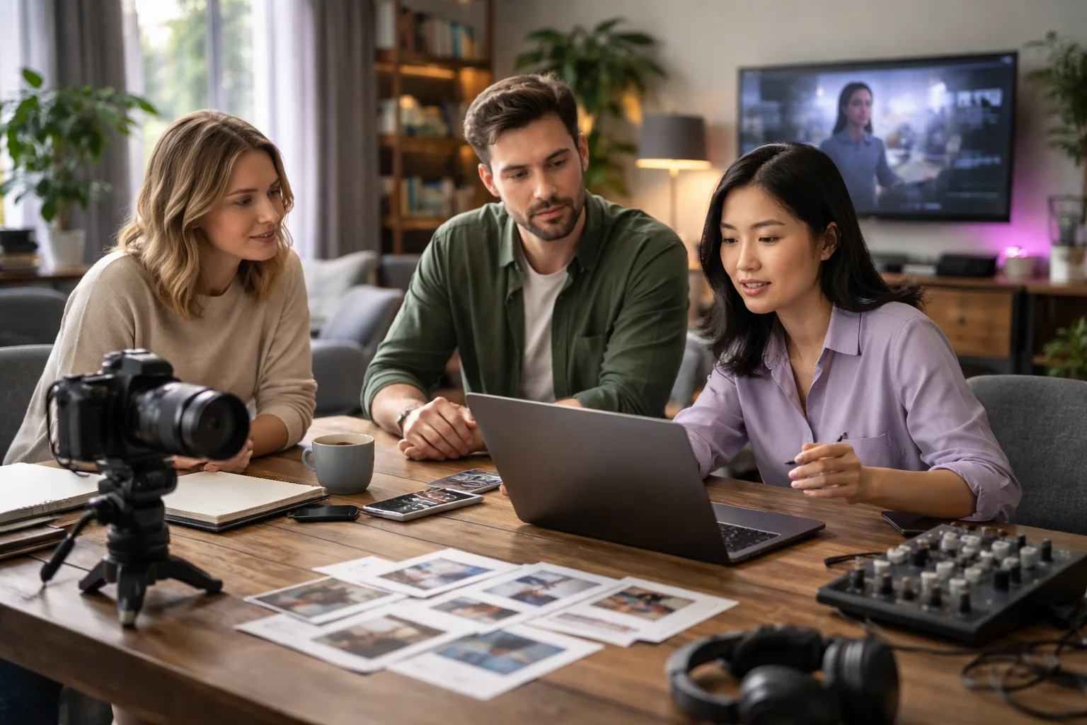 Creator reviewing an AI-generated video workflow on a laptop beside a camera and storyboard cards in a naturally lit studio