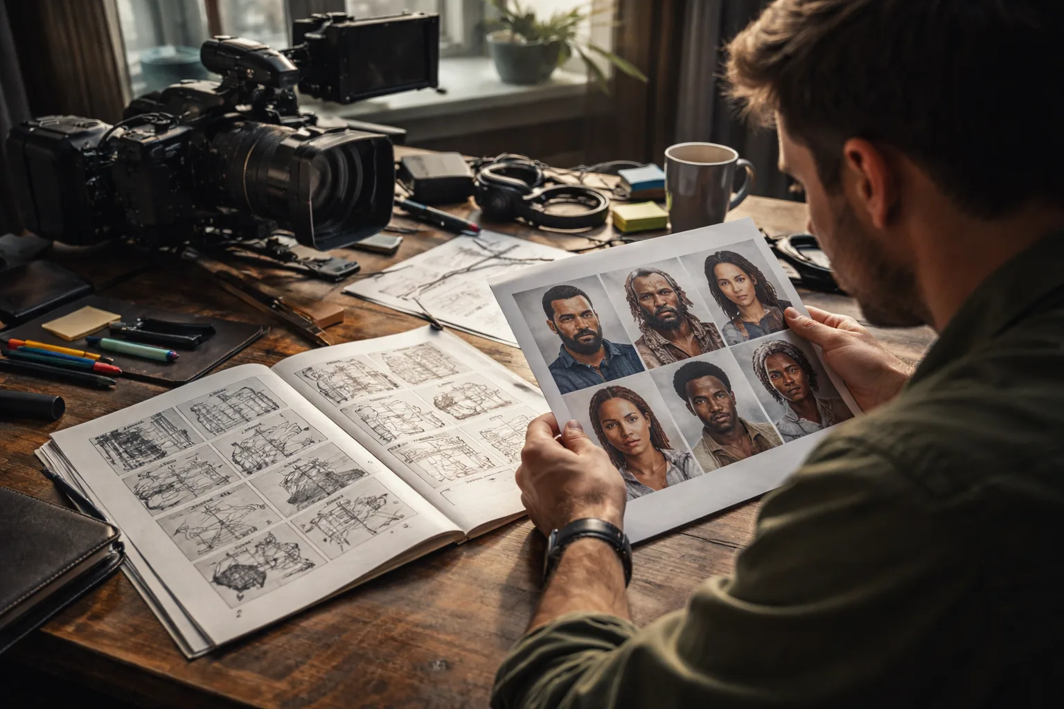 A filmmaker reviewing consistent AI character reference frames beside a camera and storyboard in a naturally lit studio