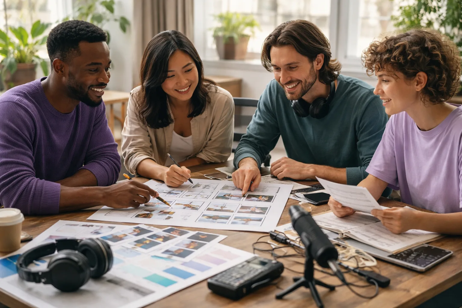 Editoriale Szene eines kleinen Kreativteams bei der Arbeit an KI-generierten Video-, Bild- und Audioprojekten