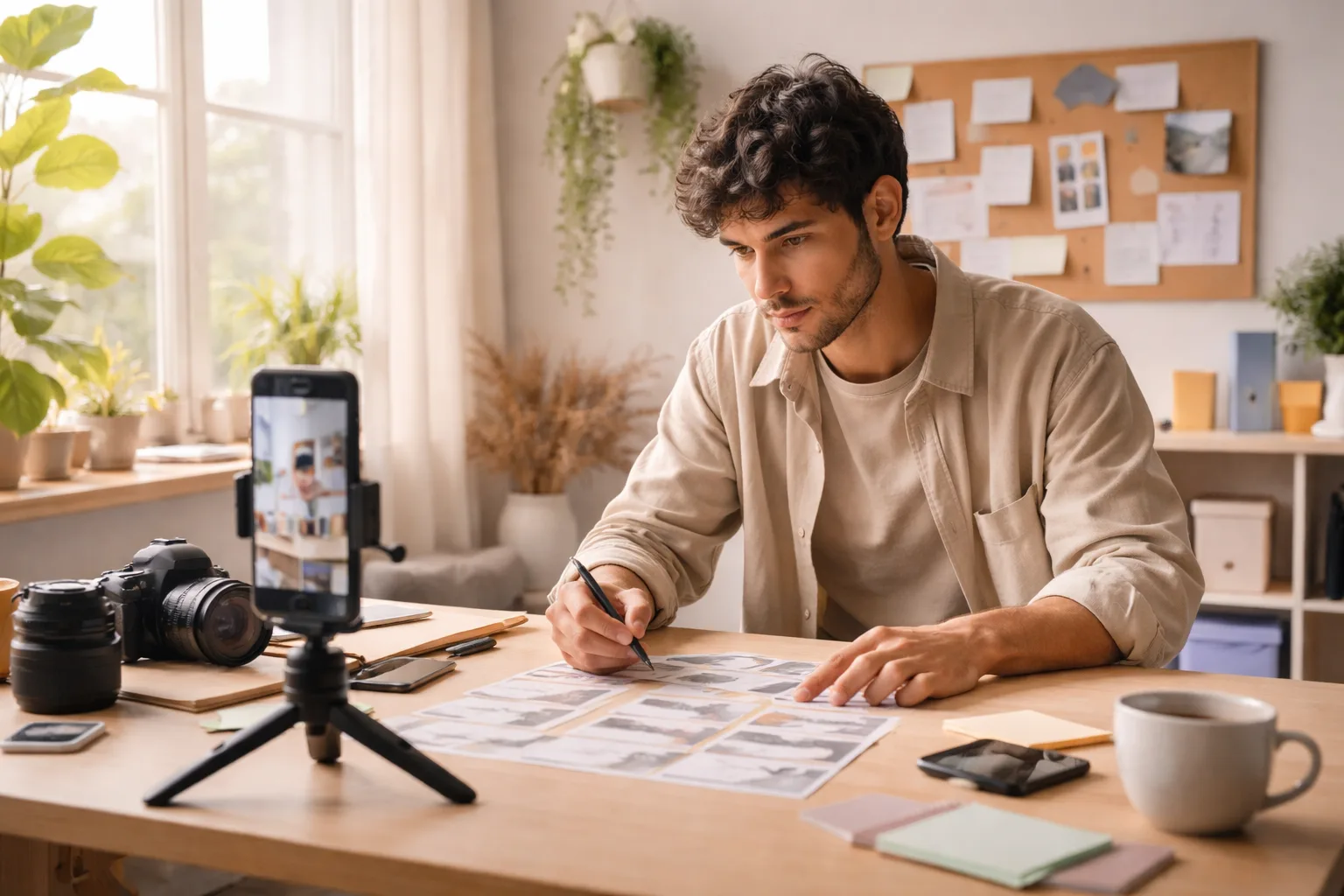 Creator che progetta uno spot video verticale su un set luminoso con smartphone e storyboard