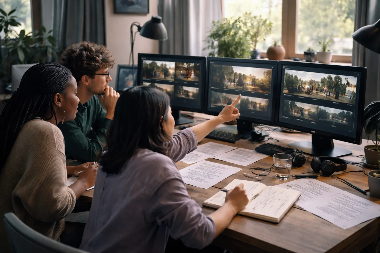 Editorial workspace where a small production team compares AI-generated video clips on neutral monitors