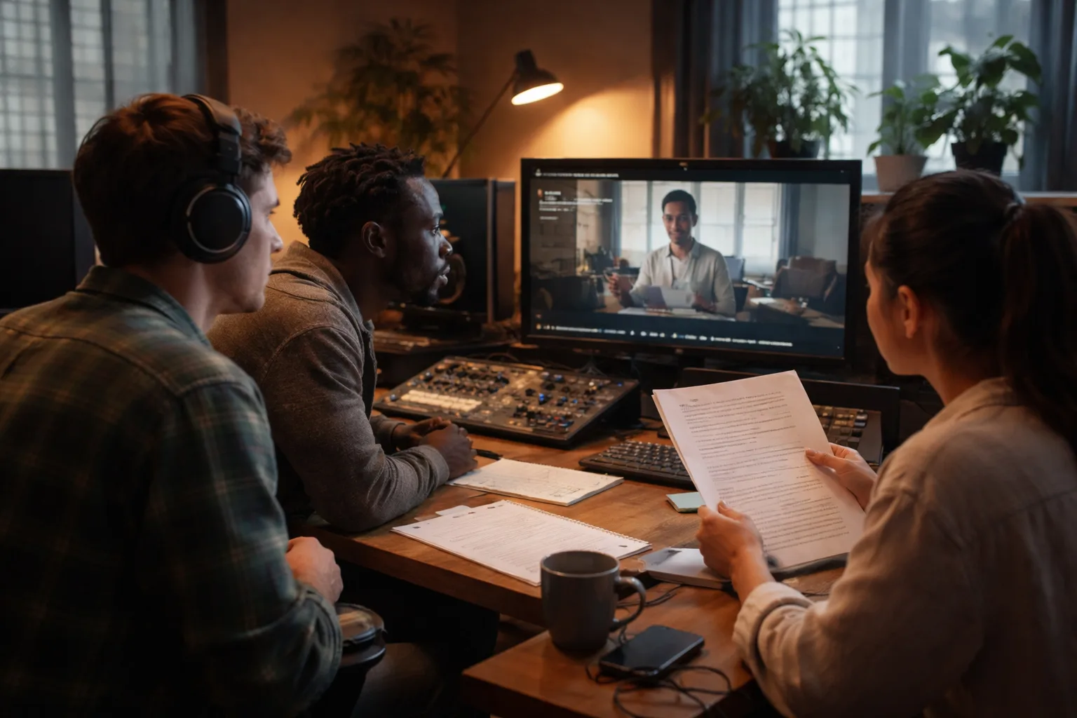Creator reviewing translated subtitles and an AI-dubbed YouTube video in a softly lit editing studio