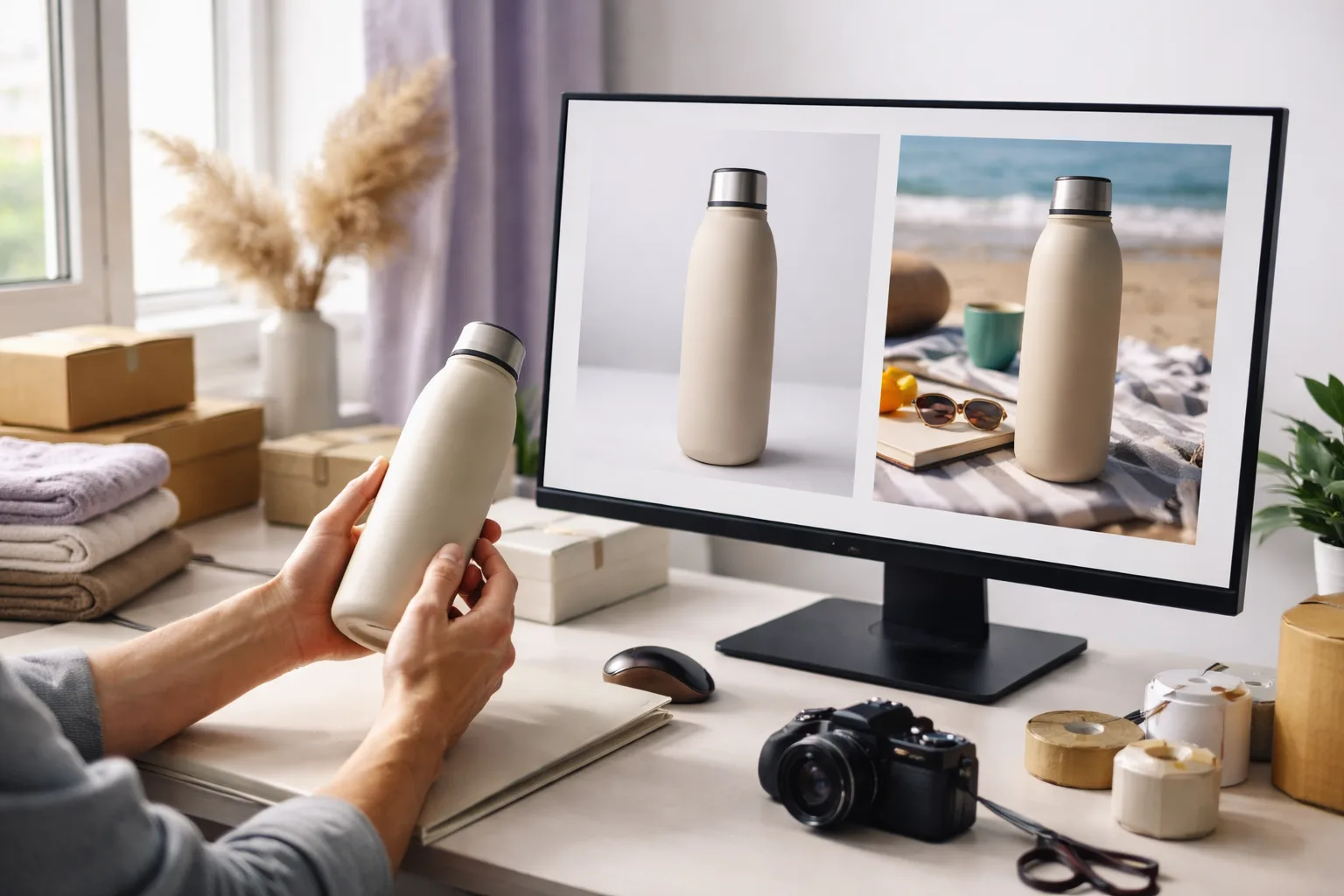 Real məhsul fotosundan AI ilə hazırlanmış e-ticarət lifestyle səhnəsini yoxlayan marketoloq