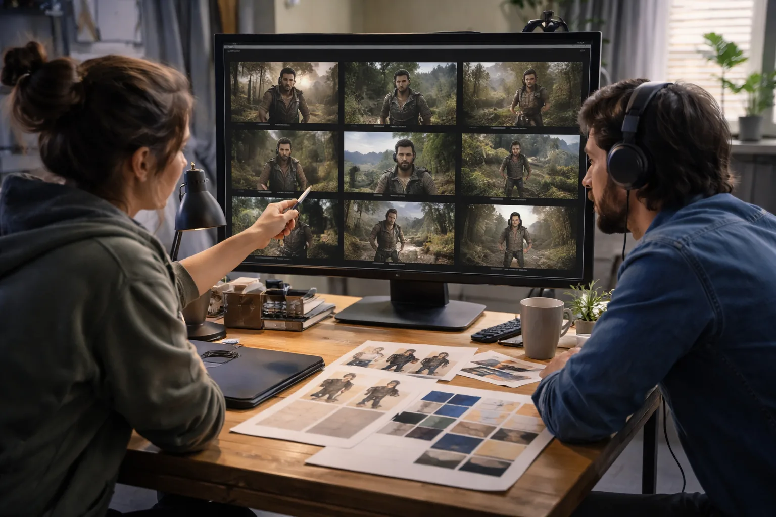 Diseñadora revisando varias escenas de video con el mismo personaje en un monitor